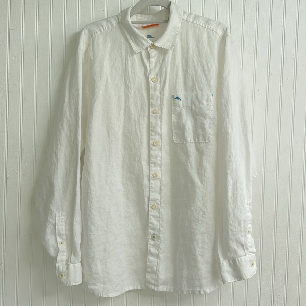 TOMMY BAHAMA 100% Linen Shirt Mens XL White Long Sleeve Shirt